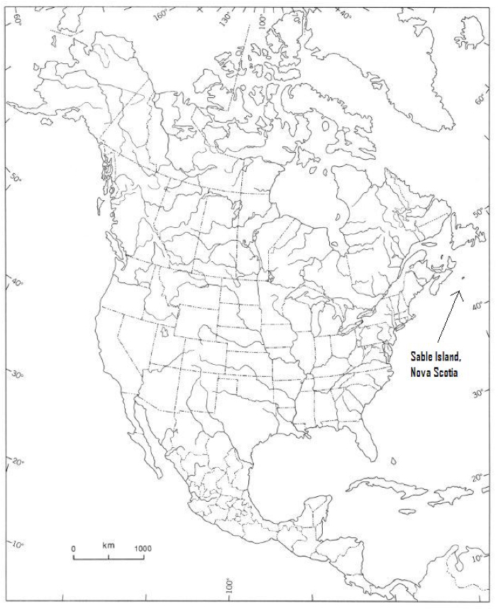 Map showing the location of Sable Island, Nova Scotia