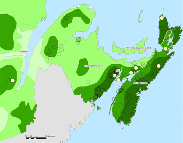 The distribution of P. hydrothyria in Canada