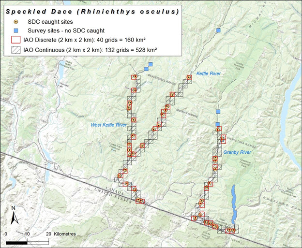 Map of the distribution of the Speckled Dace in Canada (see long description below)