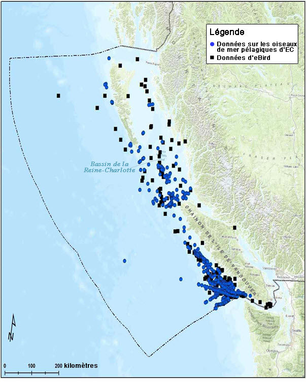 Carte montrant la répartition canadienne du Puffin à pieds roses (voir longue description ci-dessous)