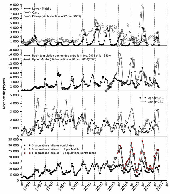 Figure 11. Nombre de Physella johnsoni dans chaque source thermale et dans les sept sources combinées, de janvier 1996 à mai 2007.