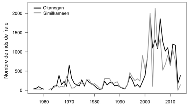 Dénombrements aériens des nids de fraie dans  les rivières Okanogan et Similkameen de 1956 à 2014