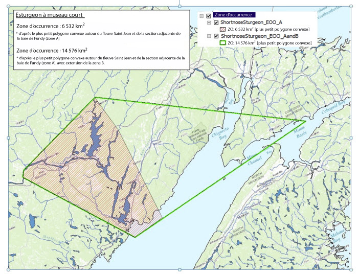 Carte montrant la zone d'occurrence estimée de l'esturgeon à museau court au Canada