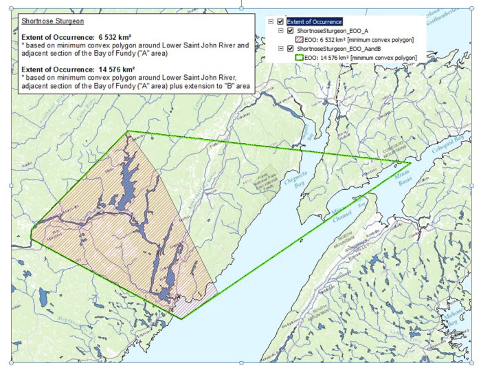 estimated extent of occurrence (EOO) of Shortnose Sturgeon in Canada