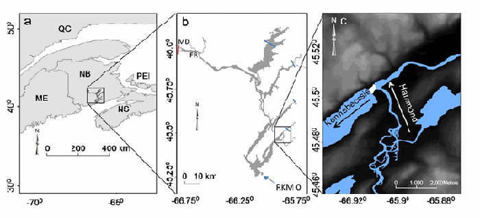 Series of three map panels showing the Canadian distribution of the Shortnose Sturgeon.