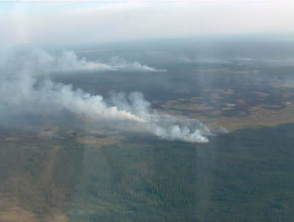 Photograph of a forest fire in boreal caribou habitat east of Sambaa K'e. See long description below