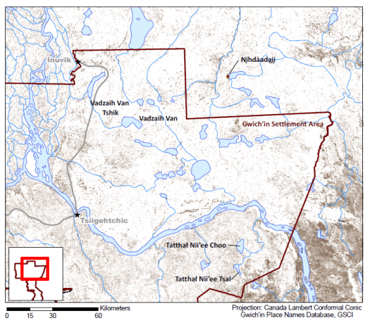 Map of the Gwich'in settlement. Names of lakes and particular areas are identified. (See long description below)