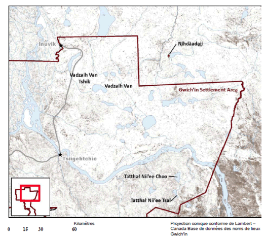 Carte de la région de règlement de Gwich'in. Voir la description longue ci-dessous.