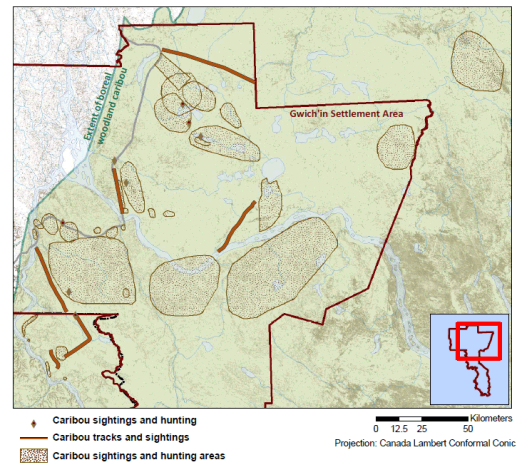 Map of the Gwich'in settlement. Map displays caribou hunting, tracks and sightings. (See long description below)