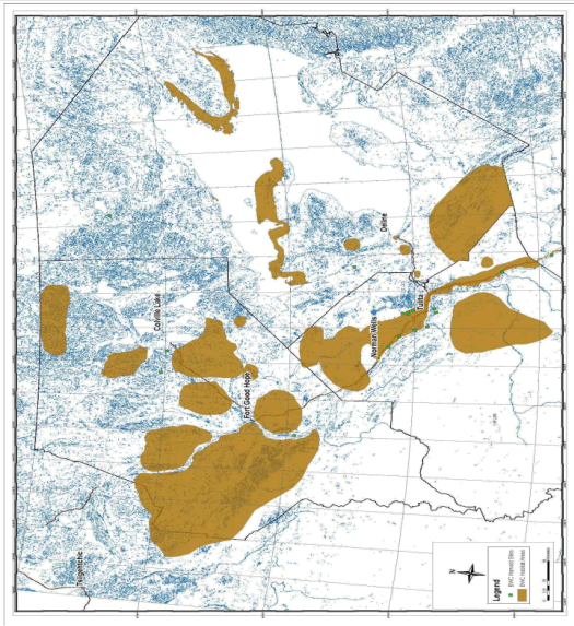 Map of the Northwest Territories where caribou have been harvested and where boreal caribou habitat. (See long description below)