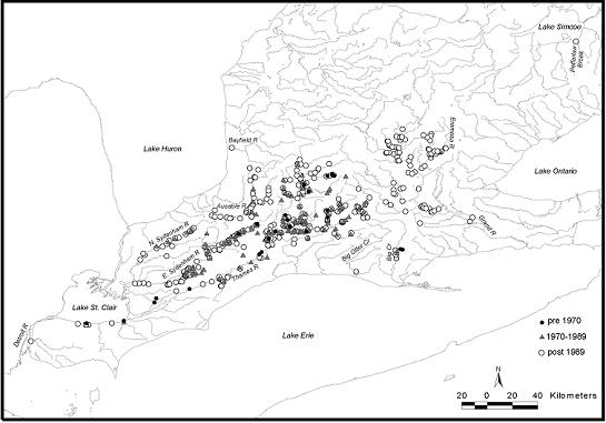 Figure 4. Canadian range of the greenside darter, Etheostoma blennioides.