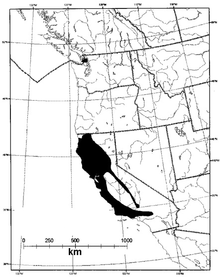 Figure 2: North American distribution of Lupinus densiflorus (distribution in Mexico not shown).