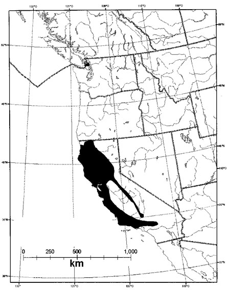 Figure 2 : Répartition du Lupinus densiflorus en Amérique du Nord (la répartition au Mexique n’est pas illustrée).