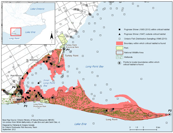 Figure 9a. Area within which critical habitat is found for the Pugnose Shiner in Long Point Bay. (See long description below)