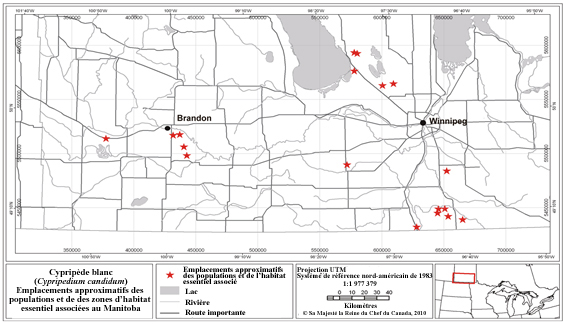 Carte : Emplacements approximatifs des populations et habitat essentiel au Manitoba. (Voir description longue ci-dessous.)