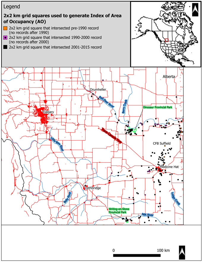 Index of area of occupancy (IAO) of Bullsnake in  Alberta, Canada