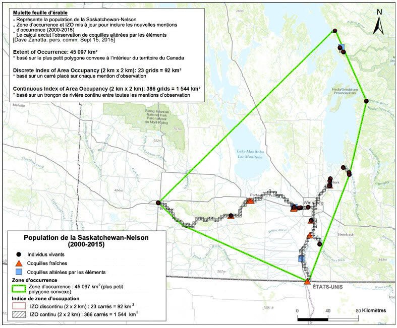 Aire de répartition actuelle et calcul de la zone d’occurrence et de l’IZO du Quadrula quadrula au Manitoba