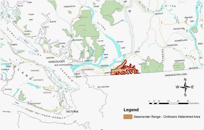 Map showing the distribution of the Coastal Giant Salamander in Canada.