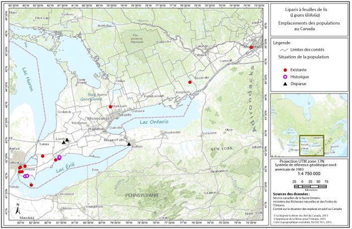 carte de la répartition du liparis à feuilles de lis dans le sud de l'Ontario et du Québec