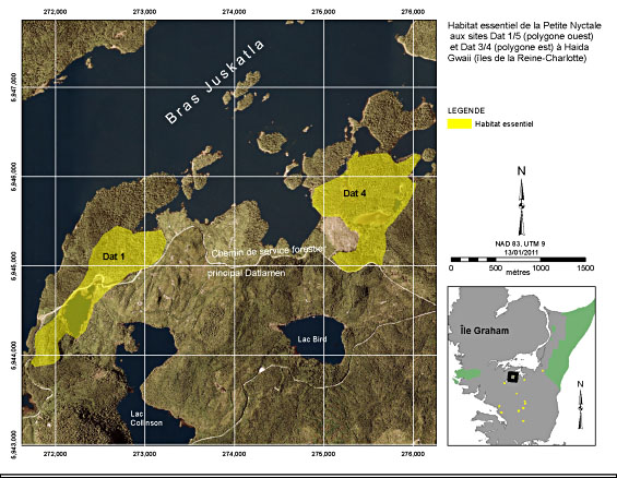 Figure 3. Critical habitat Saw-whet Owl at Dat 1/5 (west polygon) and Dat ¾ (east polygon) sites on Haida Gwaii (Queen Charlotte Islands). © Parks Canada Agency 2011 (See long description below)
