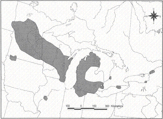 Figure 2. Aire de répartition nord-américaine du méné camus, modifié d’après Page et Burr (1991) (Voir description longue ci-dessous.)
