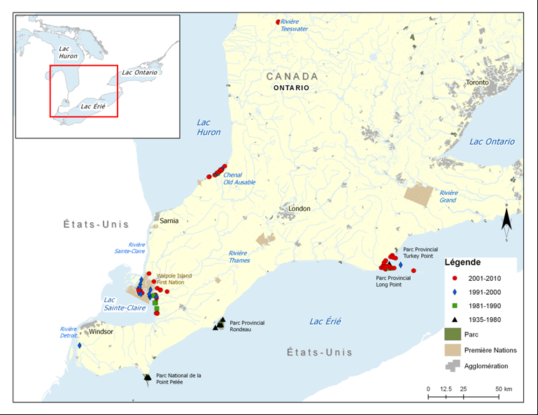 Figure 3a. Aire de répartition du méné camus dans le sud-ouest de l’Ontario. (Voir description longue ci-dessous.)