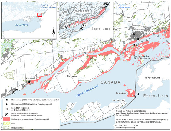 Figure 13a. Zone dans laquelle se trouve l’habitat essentiel du méné camus dans le fleuve Saint-Laurent (Voir description longue ci-dessous.)
