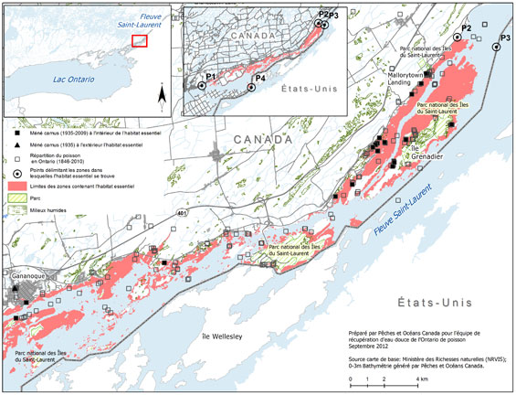 Figure 13b. Zone dans laquelle se trouve l’habitat essentiel du méné camus dans le fleuve Saint-Laurent (Voir description longue ci-dessous.)