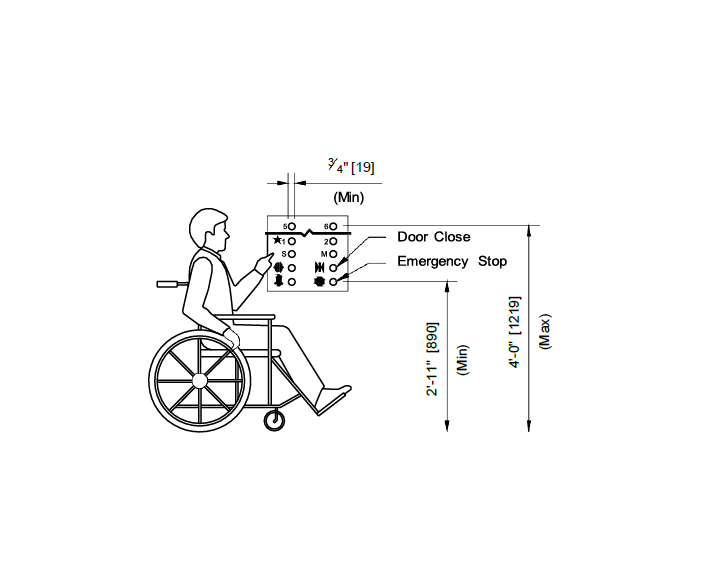 A person in a wheel chair in front of elevator controls. Text description follows.