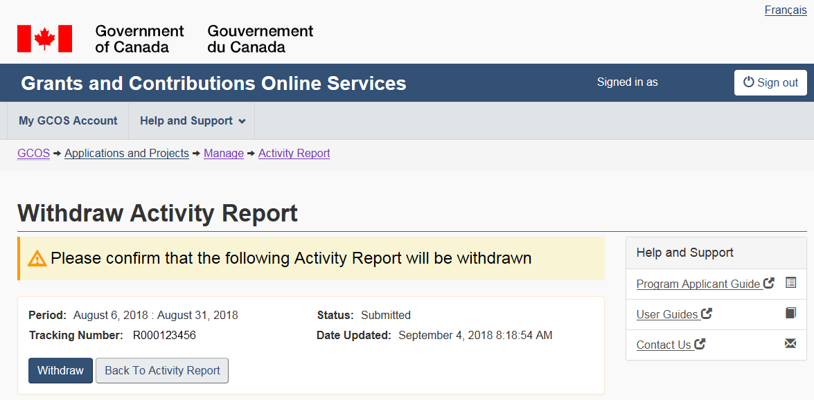 Figure 103 – Withdraw activity report confirmation screen: description follows