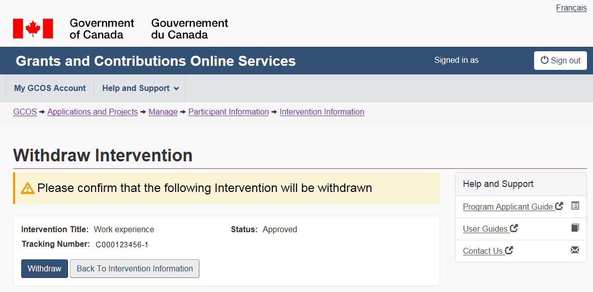 Figure 125 – Withdraw an intervention – Confirmation screen: description follows