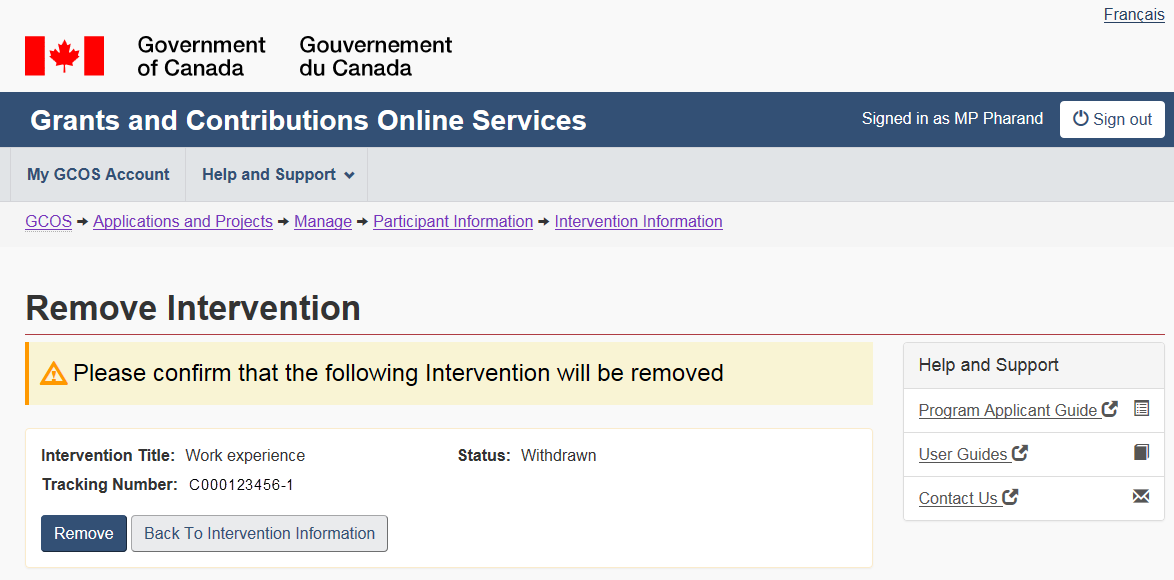 Remove intervention – Confirmation screen: description follows