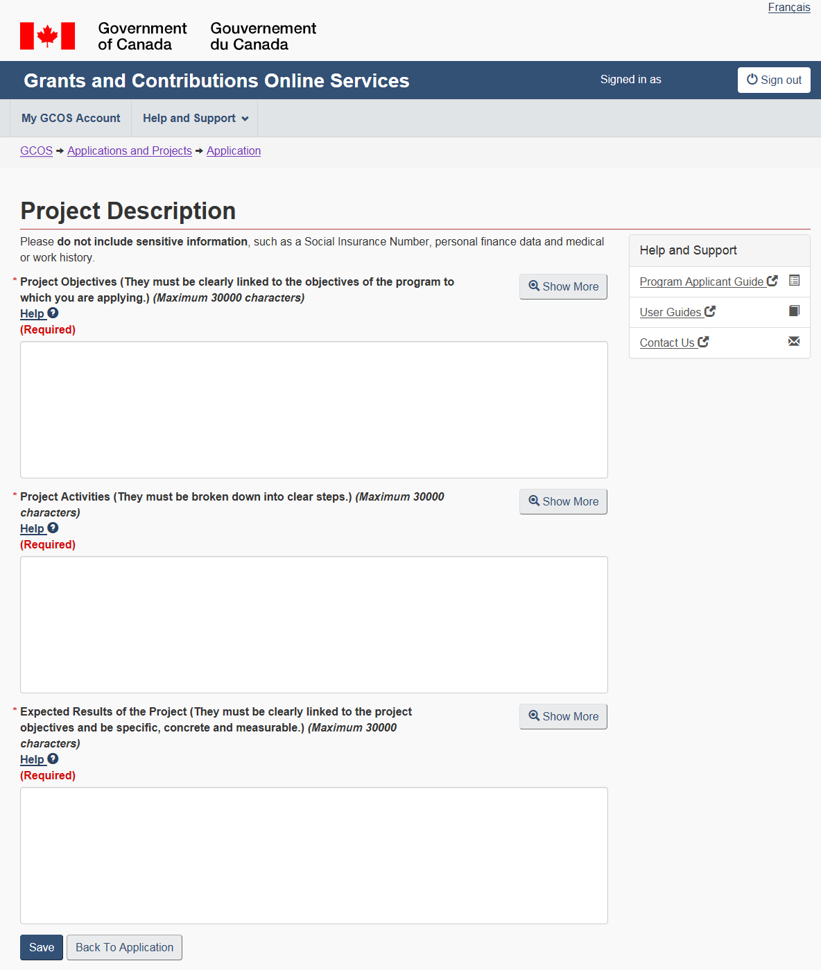 Figure 24 – Project description screen: description follows