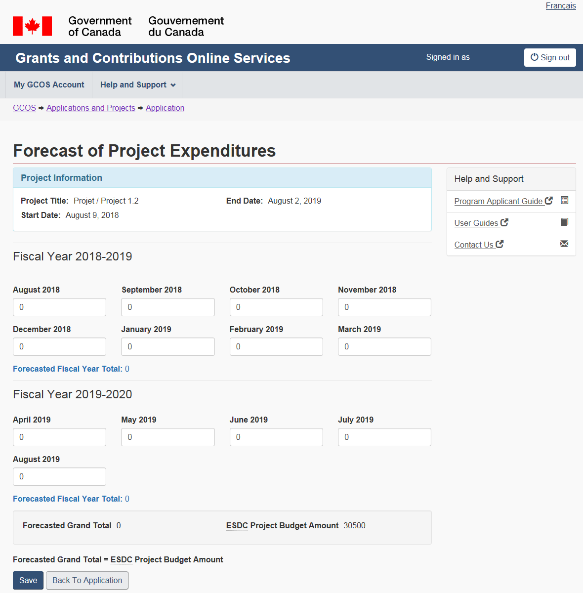 Figure 44 – Forecast of project expenditures screen: description follows