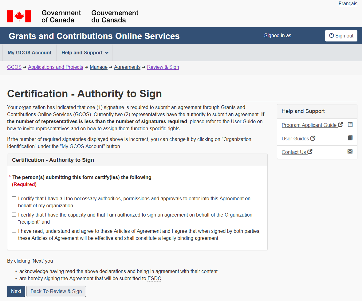 Figure 56 – Certification – Authority to sign screen (one signatory required): description follows