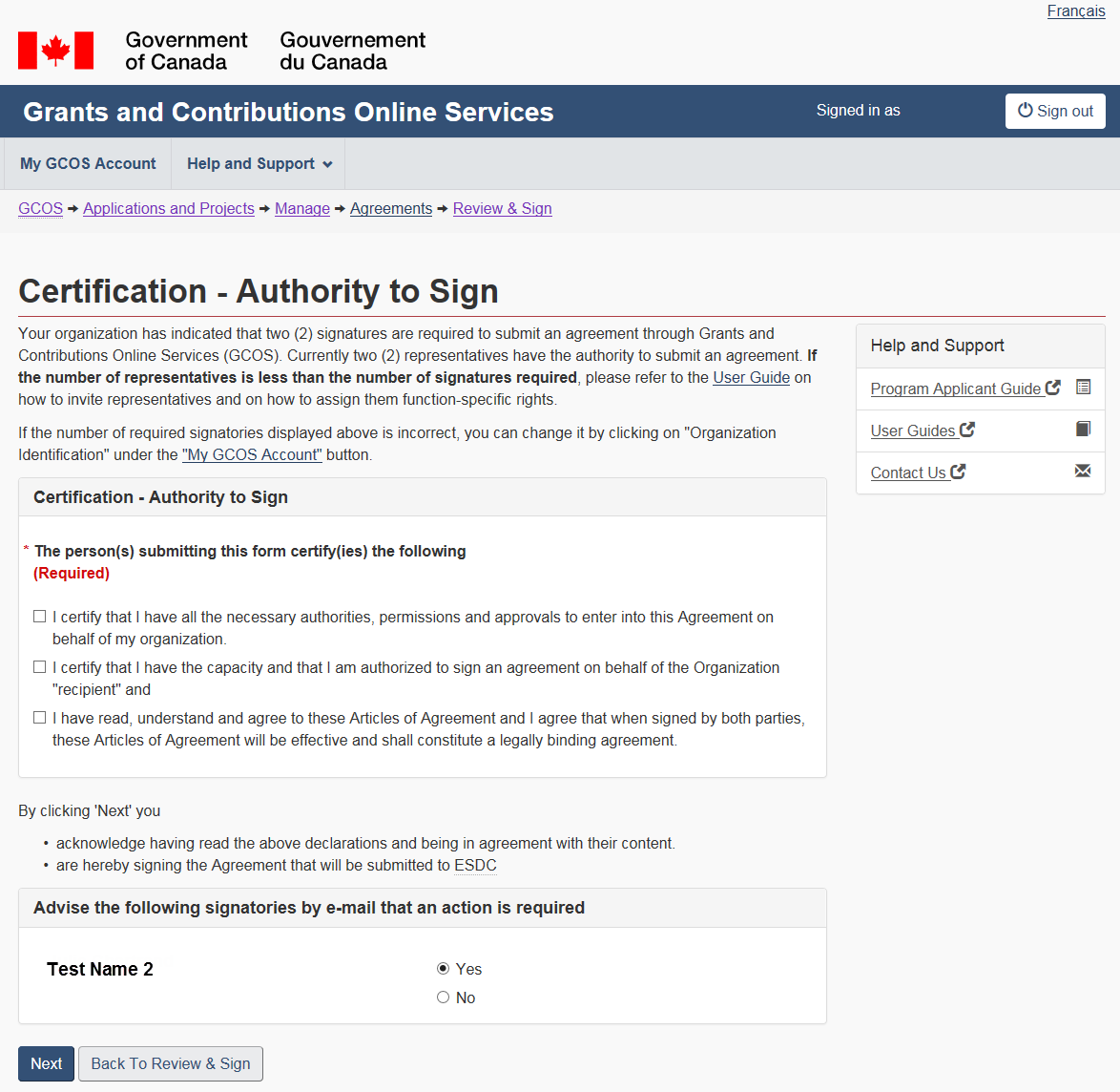 Figure 57 – Certification – Authority to sign screen (Multiple signatories required): description follows