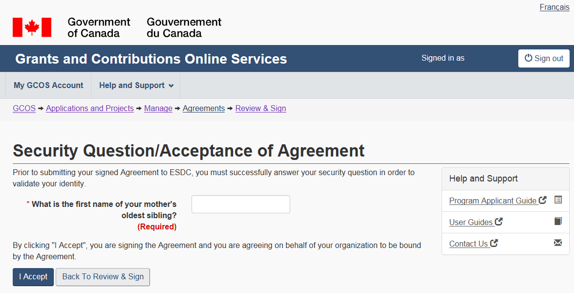 Figure 58 – Security question/Acceptance of agreement : description follows