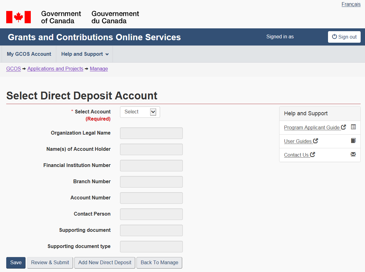 Figure 64 – Select direct deposit account: description follows
