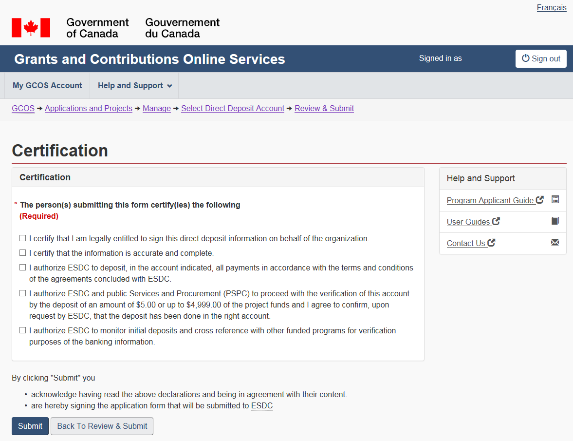 Figure 68 – Certification screen - Direct deposit request: description follows