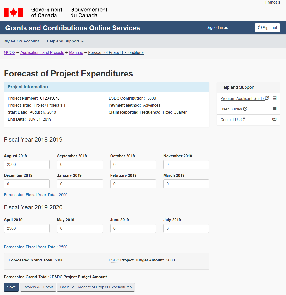 Figure 85 – Forecast of project expenditures screen: description follows