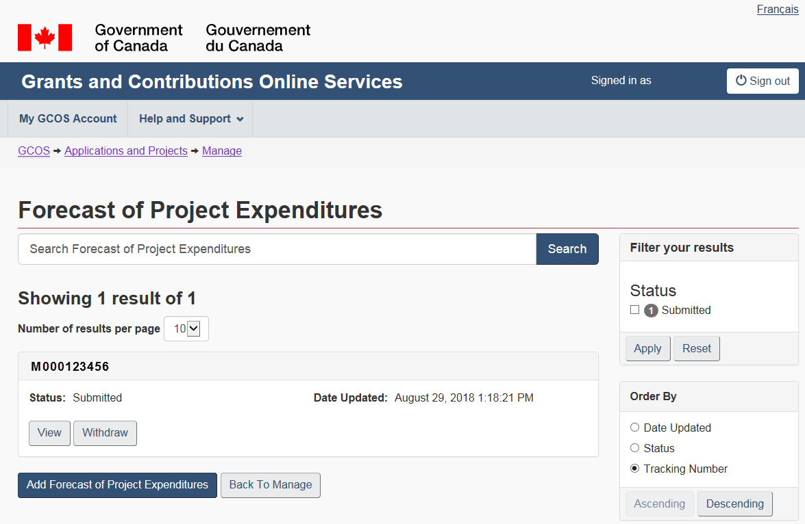 Figure 89 – Forecast of project expenditures summary screen: description follows