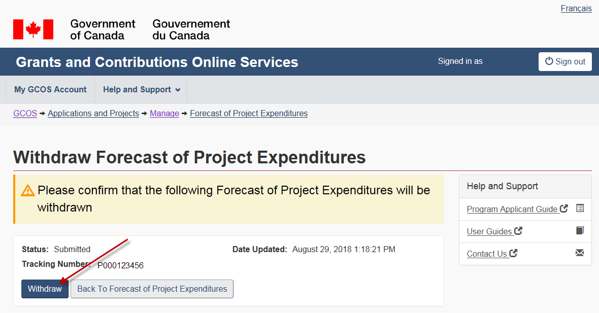Figure 92 – Withdraw Forecast of Project Expenditures confirmation screen: description follows