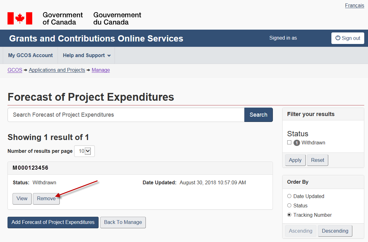 Figure 93 – Forecast of Project Expenditures summary screen – Remove a FPE: description follows