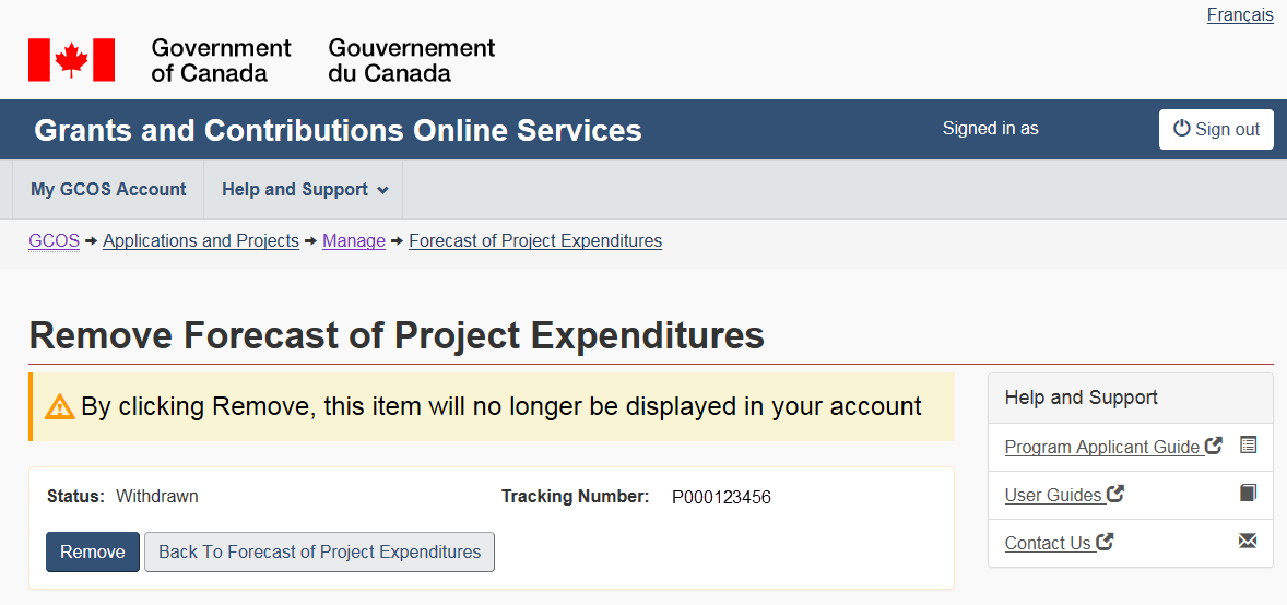 Figure 94 –Remove Forecast of Project Expenditures: description follows