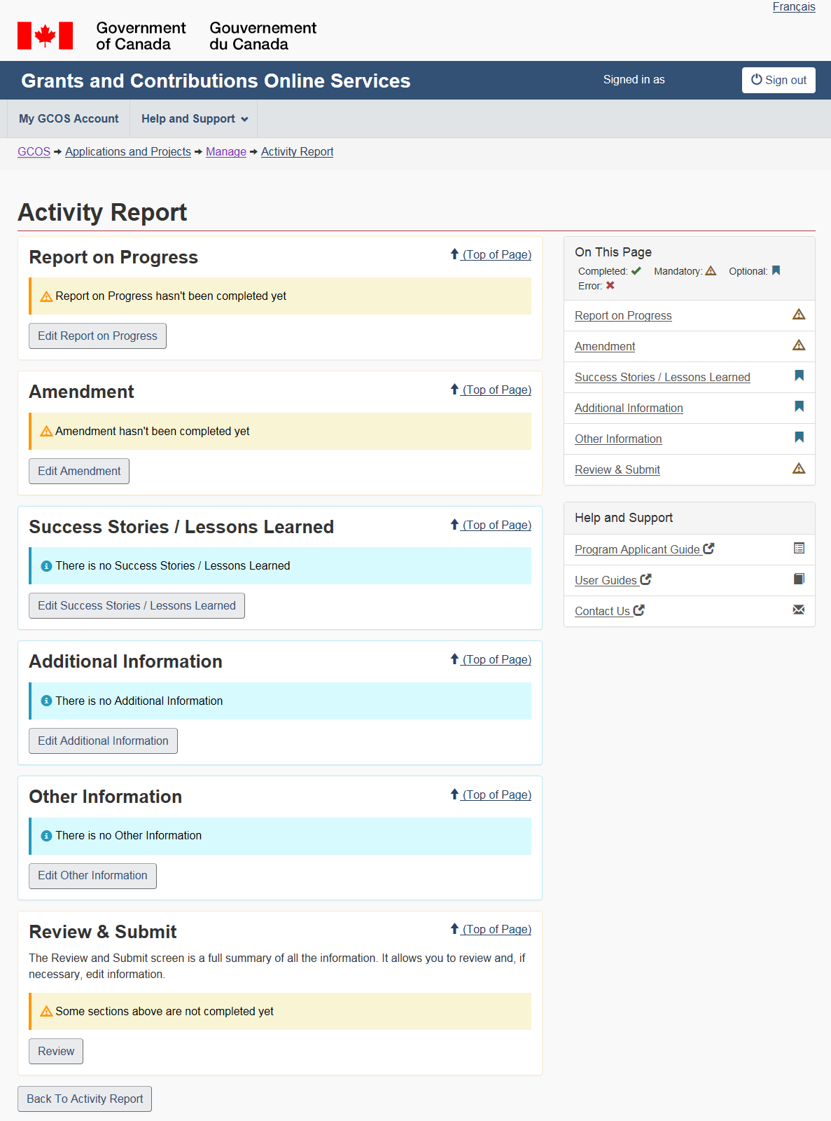 Figure 96 – Manage project summary - Activity report screen: description follows