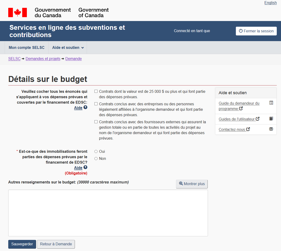 Image 38 – Écran Détails sur le budget : la description suit