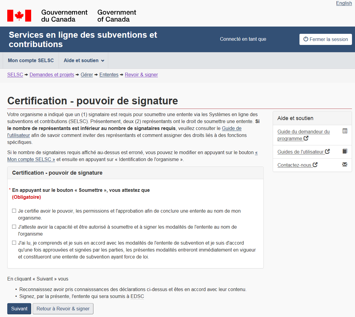 Image 56 – Écran Certification – pouvoir de signature (un signataire  requis) : la description suit