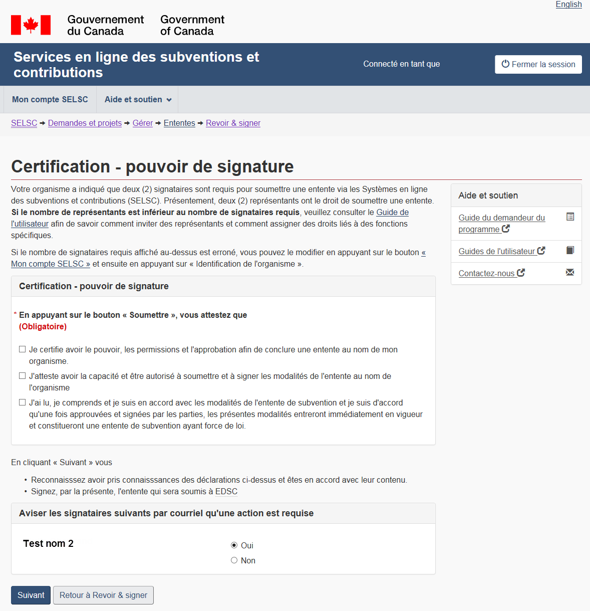 Image 57 – Écran Certification – pouvoir de signature (Plusieurs signataires requis) : la description suit