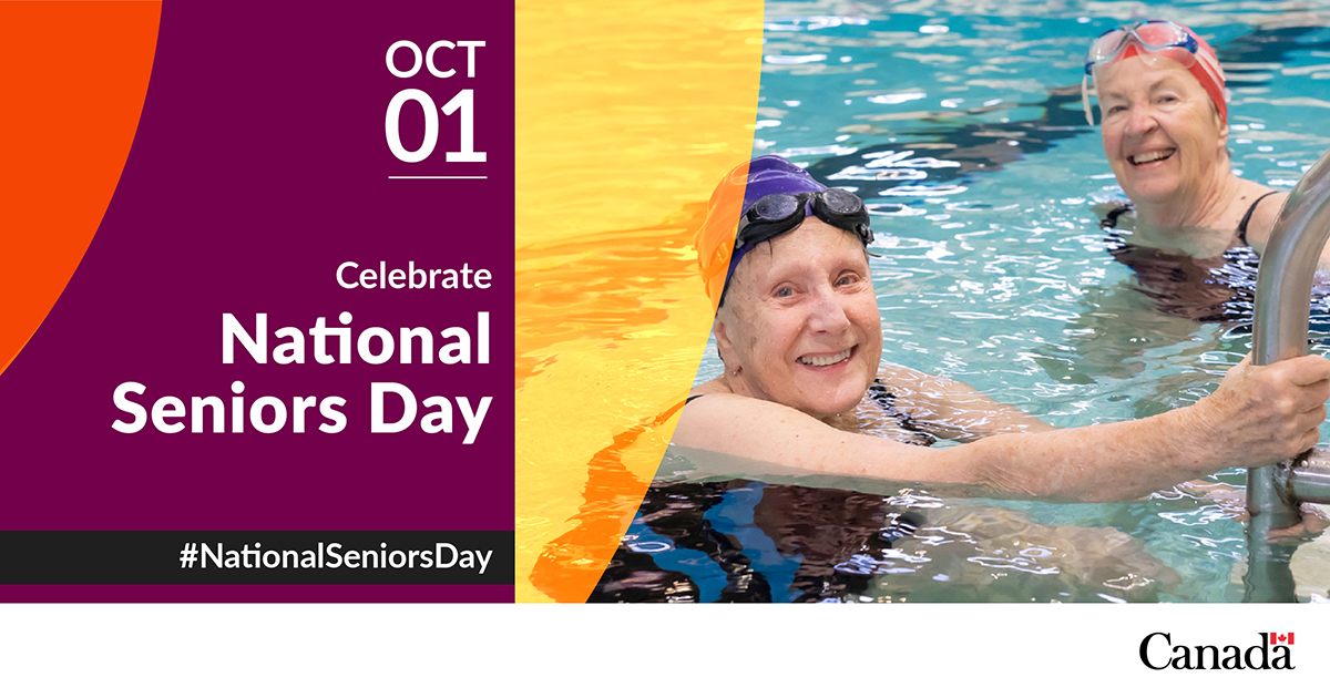 Visual featuring two older women at the pool, set in a colourful burgundy, yellow and red background.Text:October 1. Celebrate National Seniors Day#NationalSeniorsDay, “Canada” wordmark