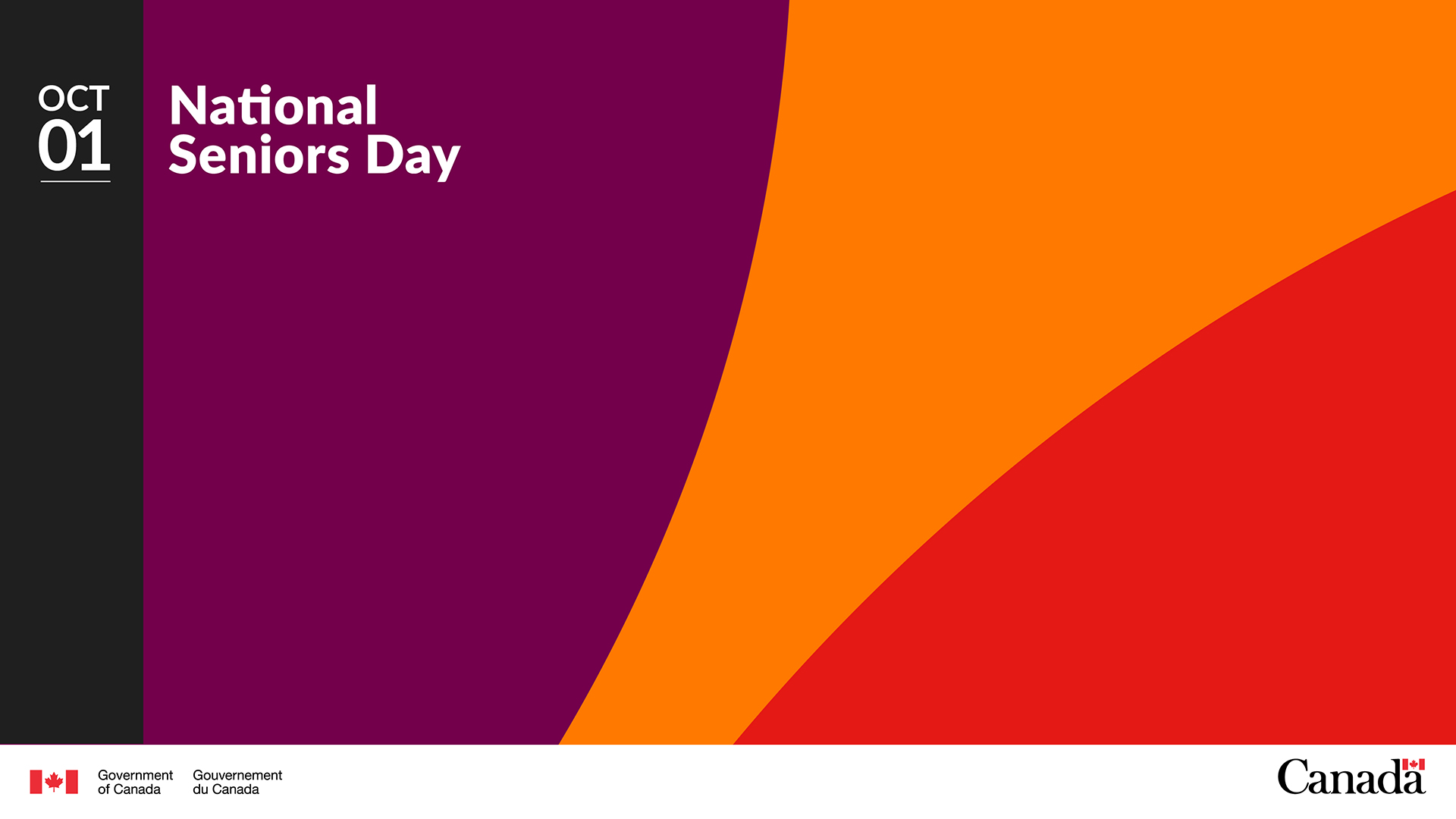 Colorful burgundy, orange and red background. Text: October 1. National Seniors Day “Canada” wordmark